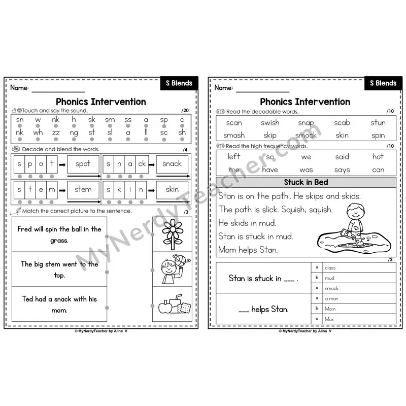 Phonics Intervention Worksheet — S Blends (Preview)