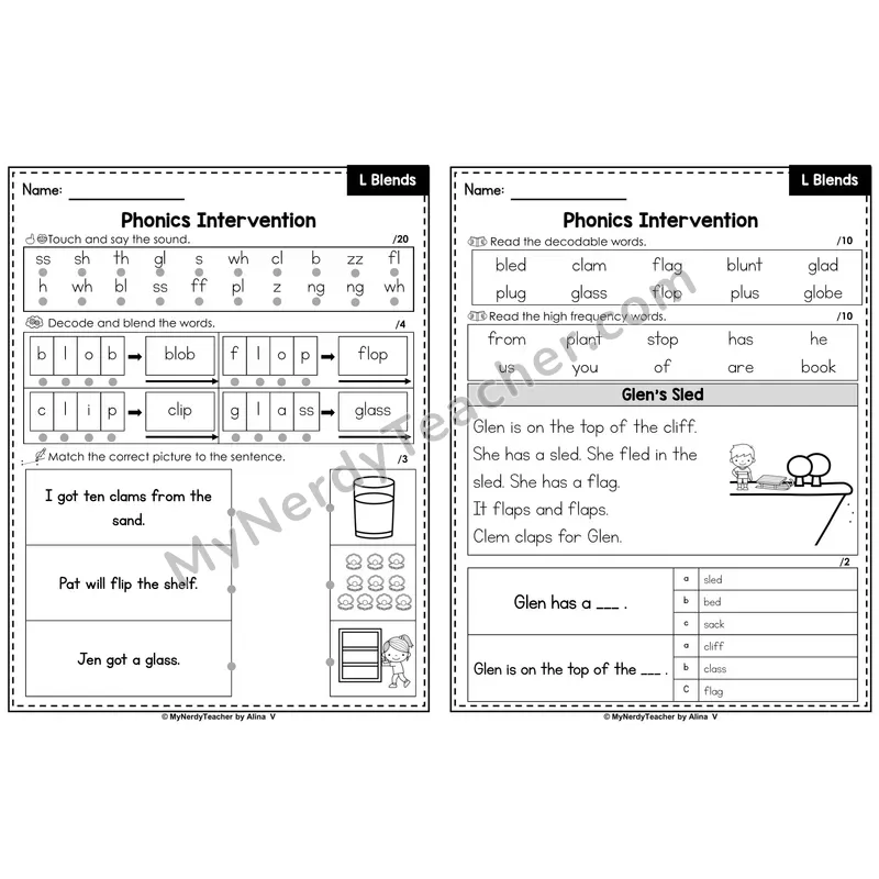 Phonics Intervention Worksheet — L Blends (Preview)