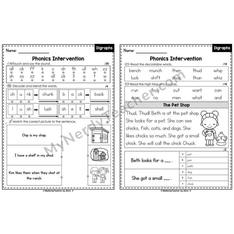 Phonics Intervention Worksheet — Digraphs Review (Preview)