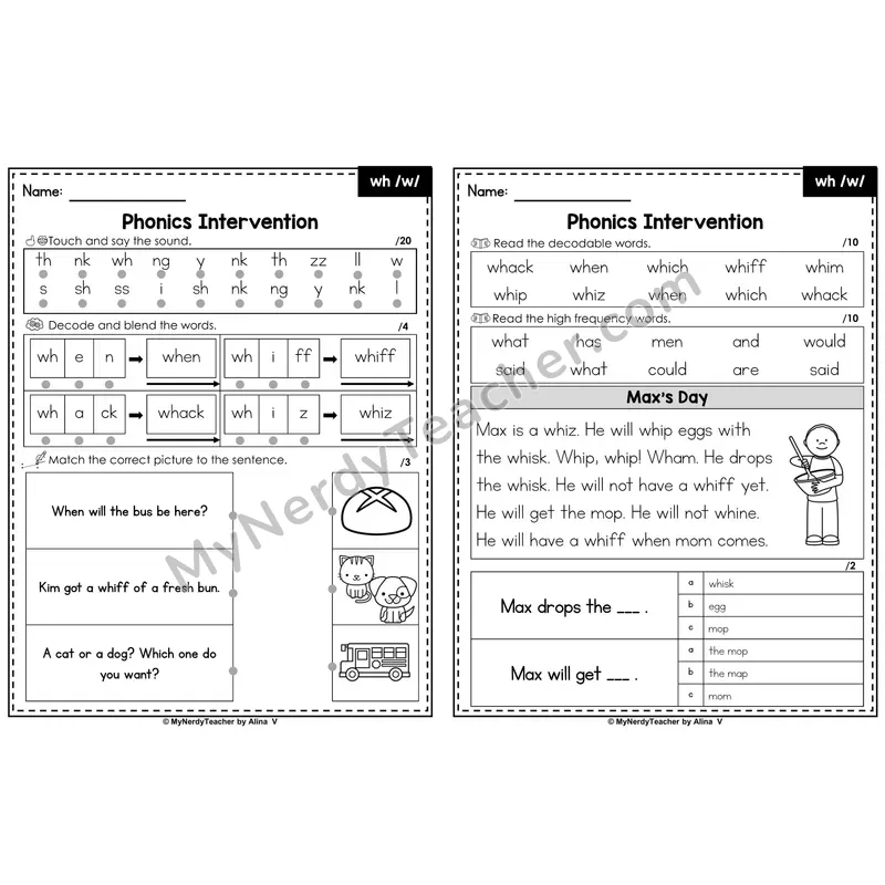 Phonics Intervention Worksheet — wh /w/ (PDF)
