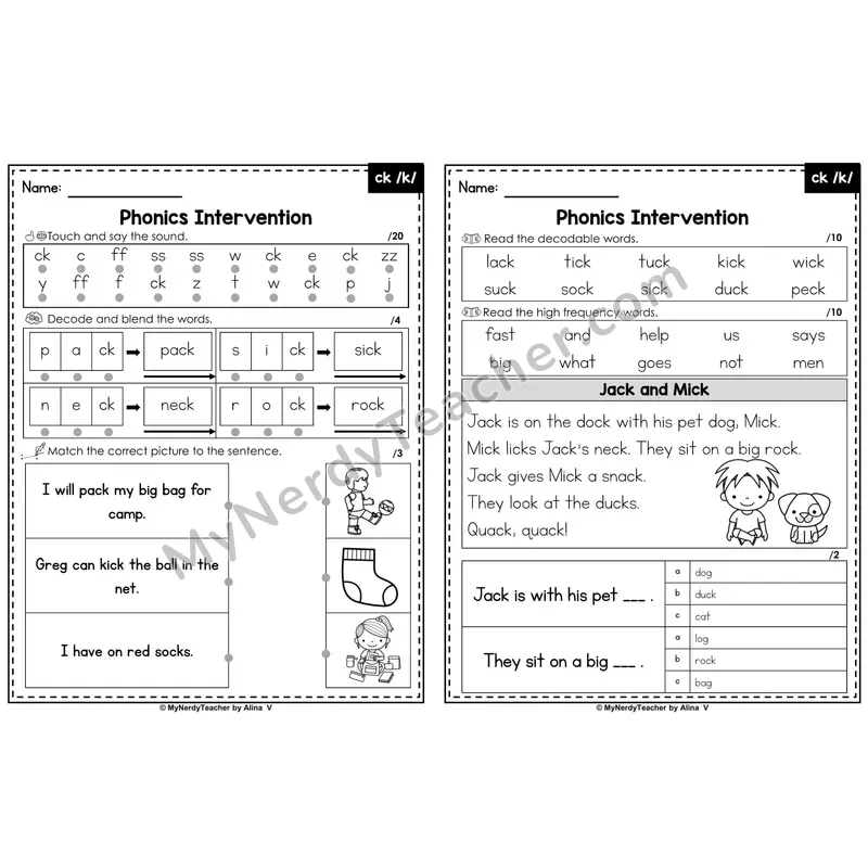 Phonics Intervention Worksheet — ck /k/ (Preview)