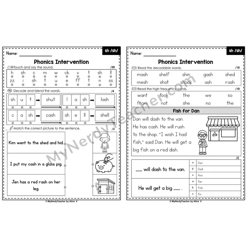 Phonics Intervention Worksheet — sh /sh/ (PDF)