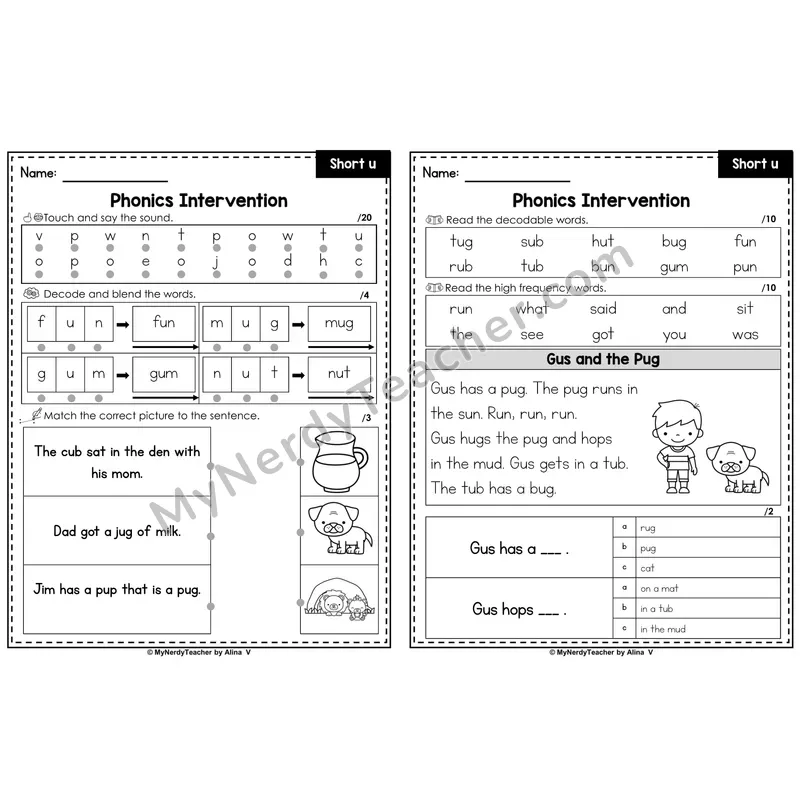 Phonics Intervention Worksheet — Short u (Preview)