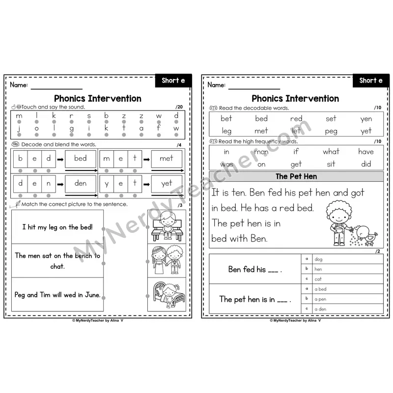 Phonics Intervention Worksheet — Short e (Preview)