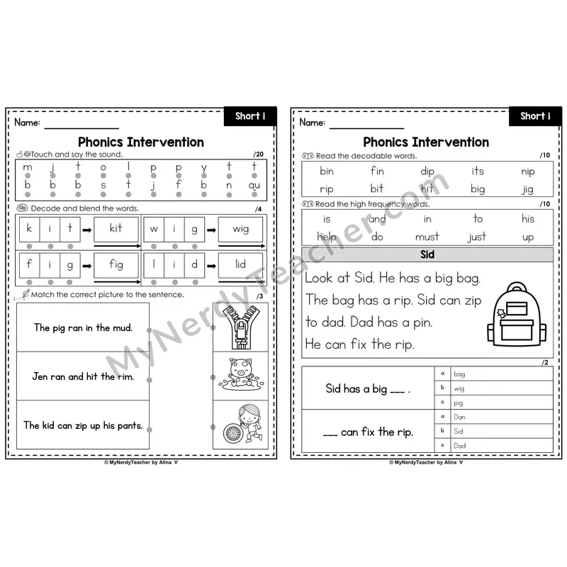 Phonics Intervention Worksheet — Short i (PDF)