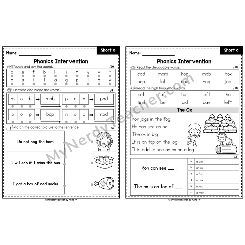 Phonics Intervention Worksheet — Short o (Preview)