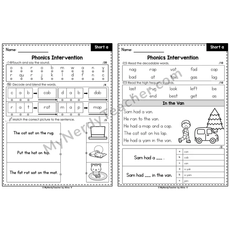 Phonics Intervention Worksheet — Short A (PDF)