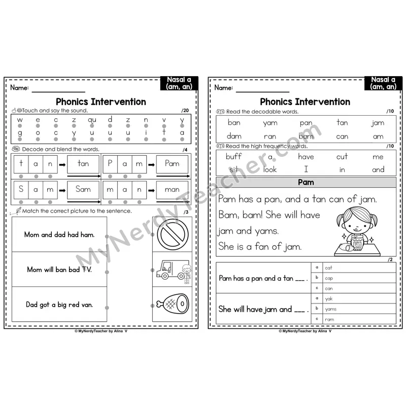Phonics Intervention Worksheet — Nasalized A (am, an) (PDF)
