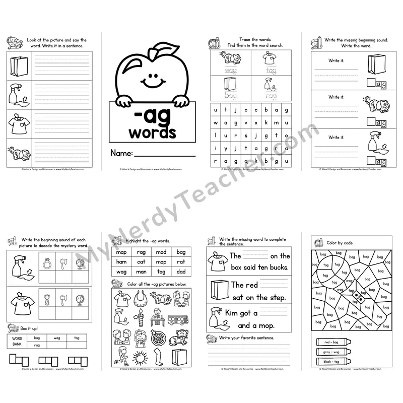 CVC -AG Word Family Booklet — Short A Phonics Activities