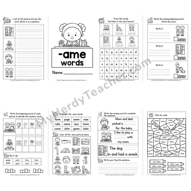 VCe -AME Word Family Booklet — Long A Silent E Activities