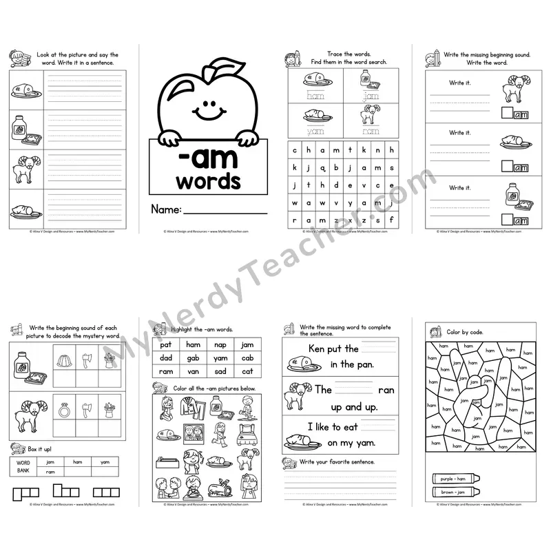CVC -AM Word Family Booklet — Short A Phonics Activities