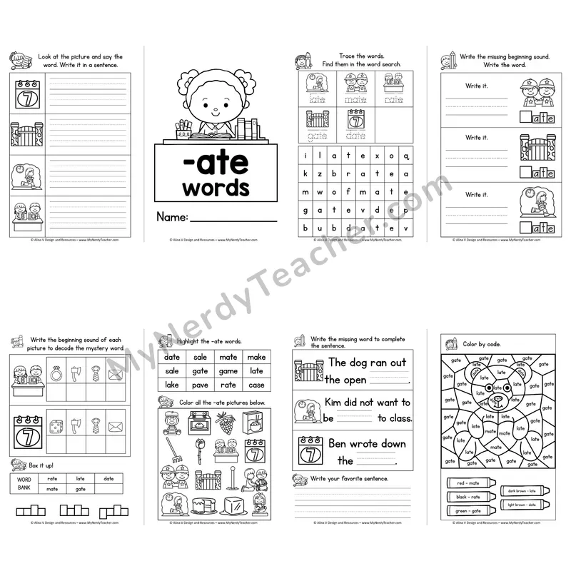 VCe -ATE Word Family Booklet — Long A Silent E Activities