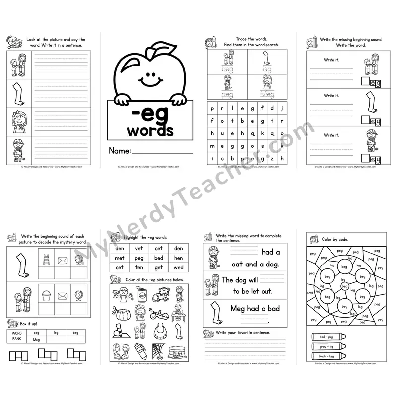CVC -EG Word Family Booklet — Short E Phonics Activities