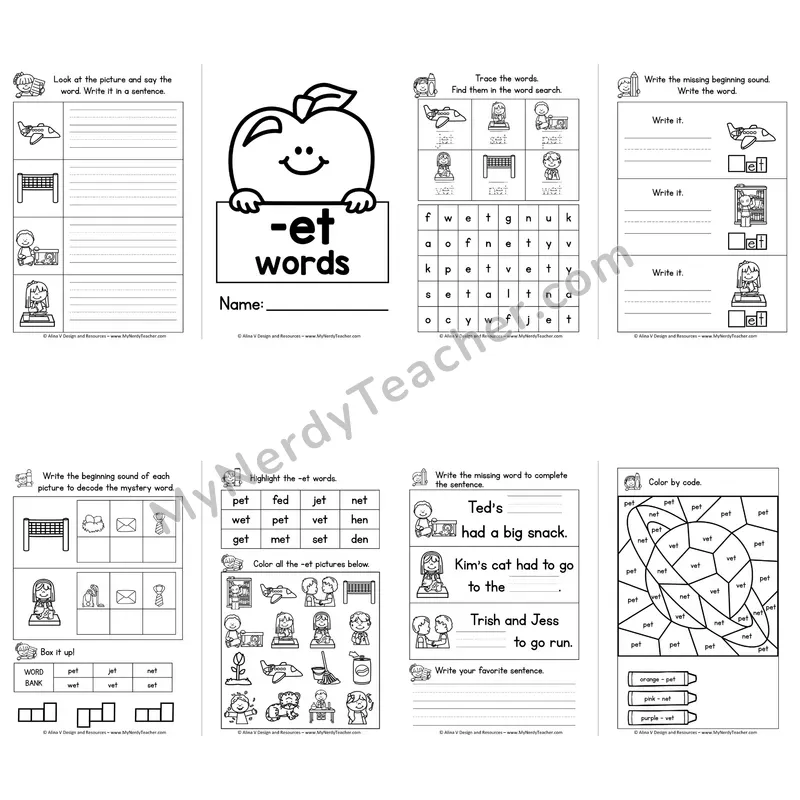 CVC -ET Word Family Booklet — Short E Phonics Activities