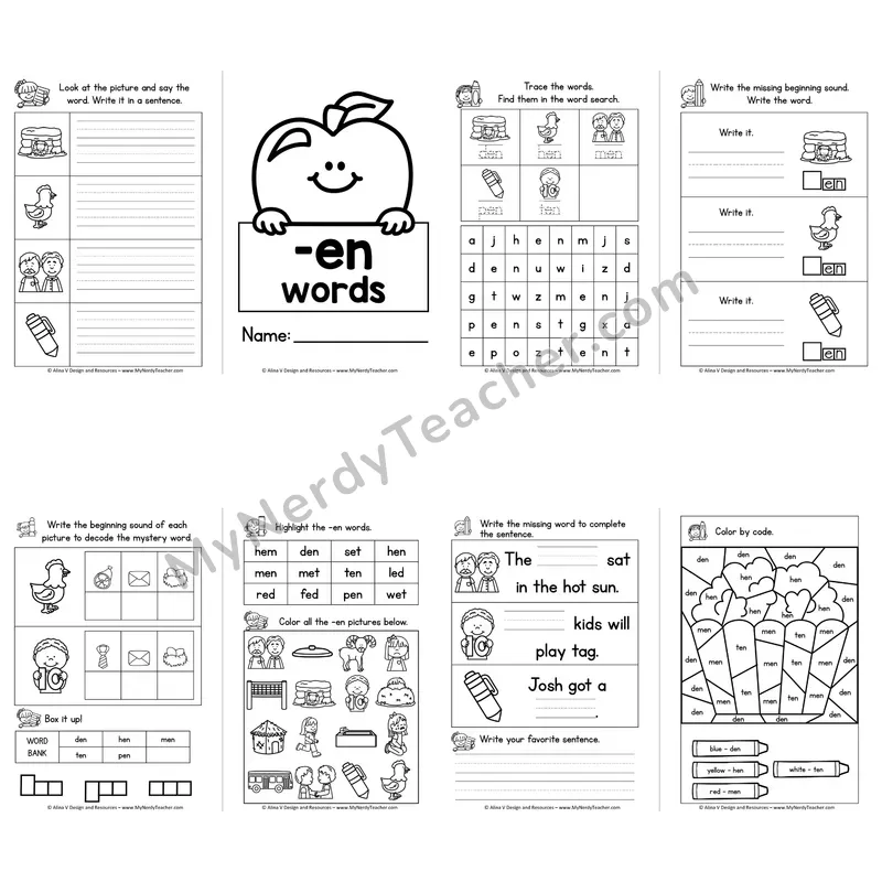 CVC -EN Word Family Booklet — Short E Phonics Activities