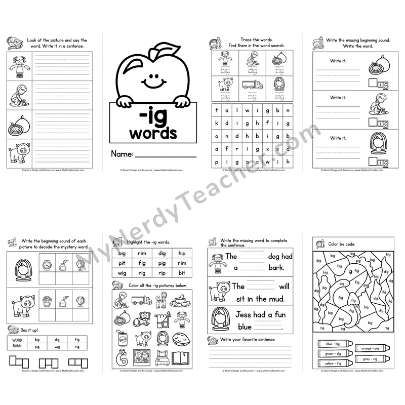 CVC -IG Word Family Booklet — Short I Phonics Activities