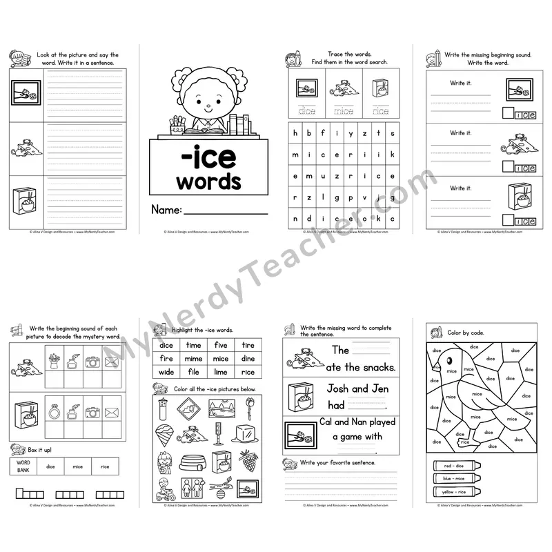 VCe -ICE Word Family Booklet — Long I Silent E Activities