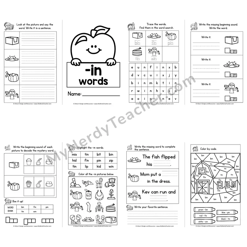 CVC -IN Word Family Booklet — Short I Phonics Activities