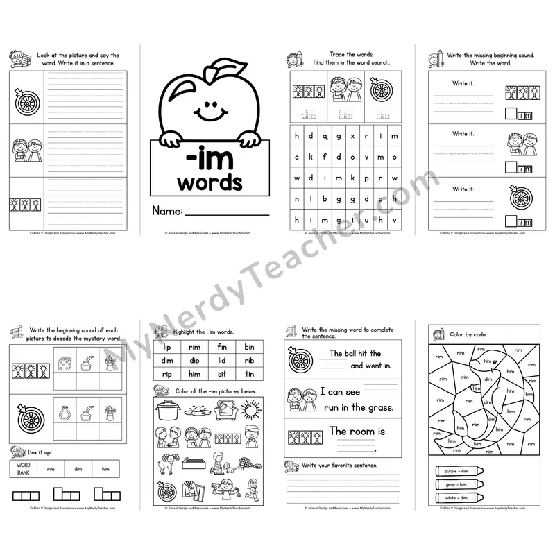 CVC -IM Word Family Booklet — Short I Phonics Activities