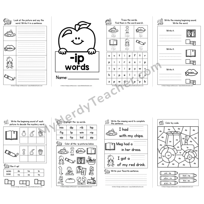 CVC -IP Word Family Booklet — Short I Phonics Activities