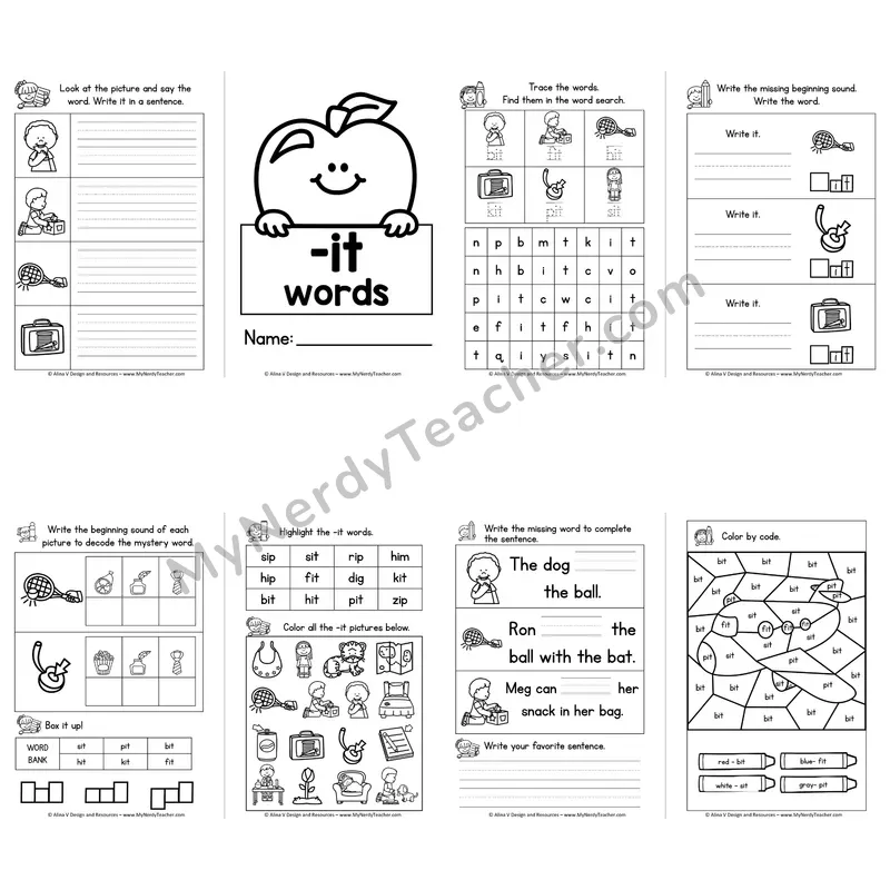 CVC -IT Word Family Booklet — Short I Phonics Activities