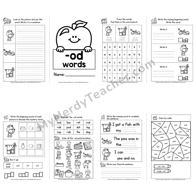 CVC -OD Word Family Booklet — Short O Phonics Activities
