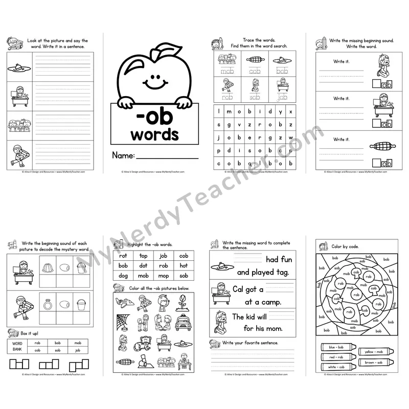 CVC -OB Word Family Booklet — Short O Phonics Activities