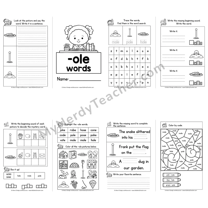 VCe -OLE Word Family Booklet — Long O Silent E Activities