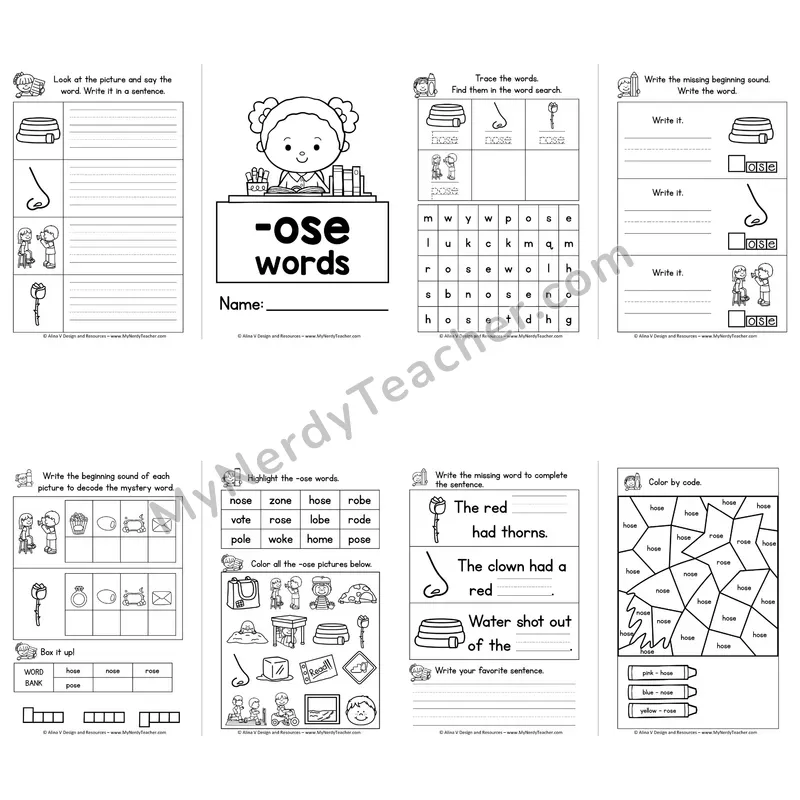 VCe -OSE Word Family Booklet — Long O Silent E Activities