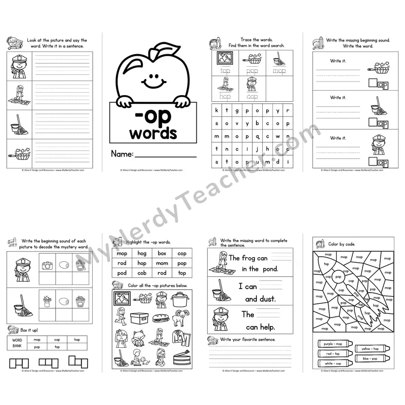 CVC -OP Word Family Booklet — Short O Phonics Activities
