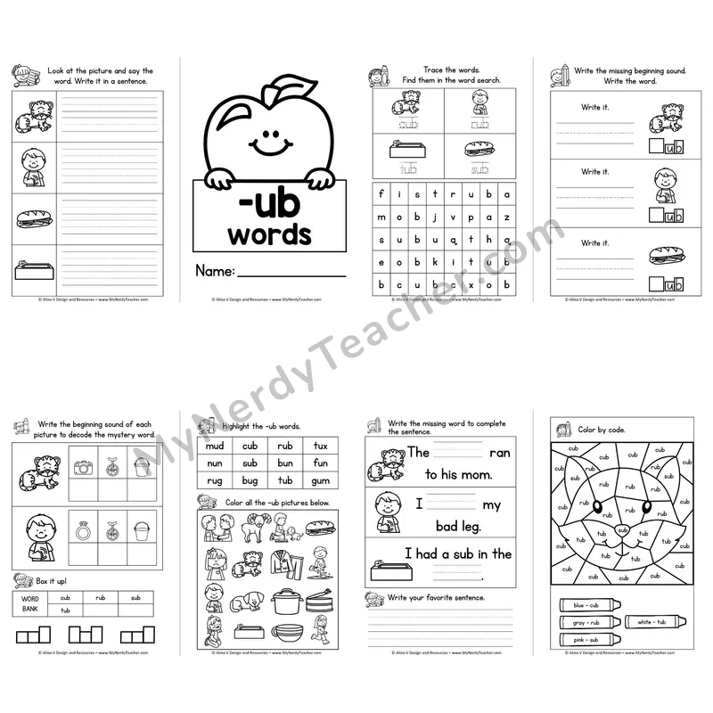 CVC -UB Word Family Booklet — Short U Phonics Activities