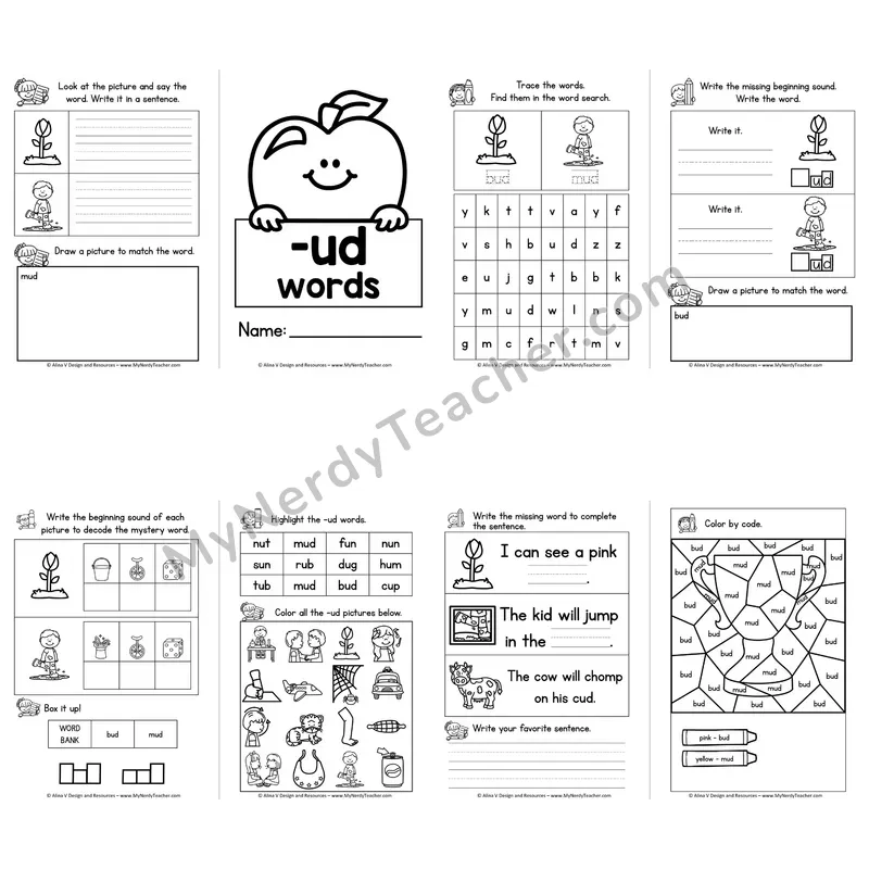 CVC -UD Word Family Booklet — Short U Phonics Activities