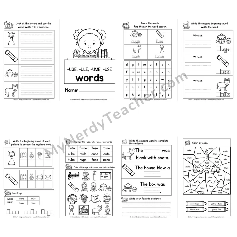 VCe -UGE, -ULE, -UME, -USE Word Family Booklet — Long U Silent E Activities