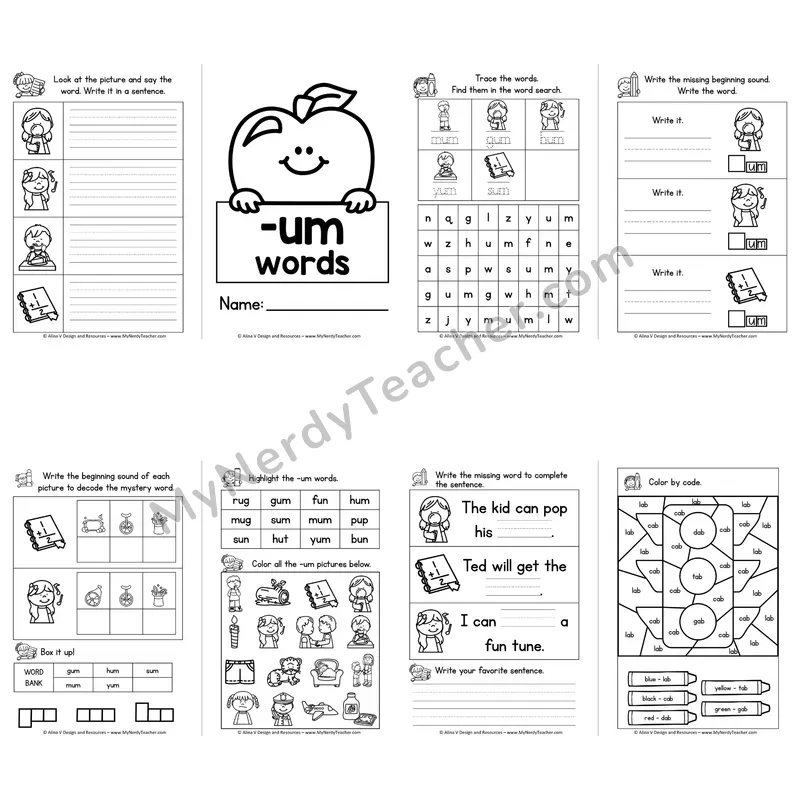 CVC -UM Word Family Booklet — Short U Phonics Activities
