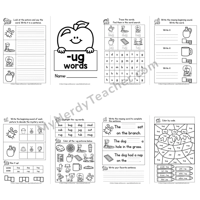 CVC -UG Word Family Booklet — Short U Phonics Activities