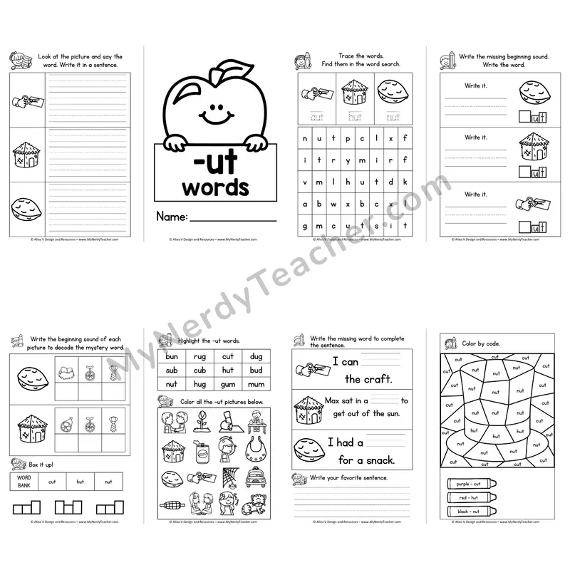 CVC -UT Word Family Booklet — Short U Phonics Activities
