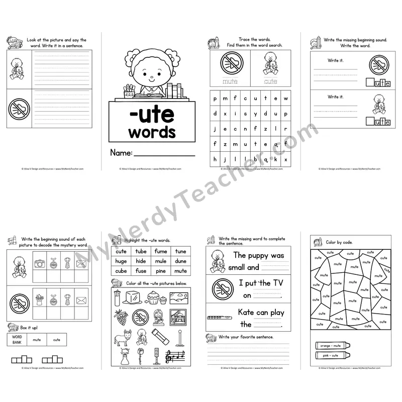 VCe -UTE Word Family Booklet — Long U Silent E Activities
