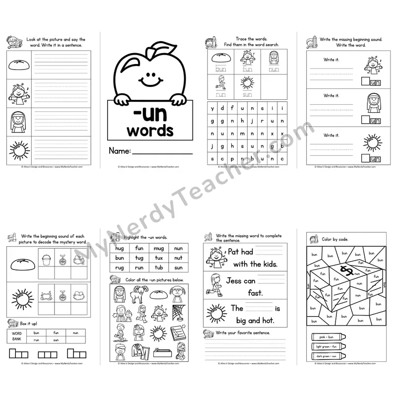 CVC -UN Word Family Booklet — Short U Phonics Activities