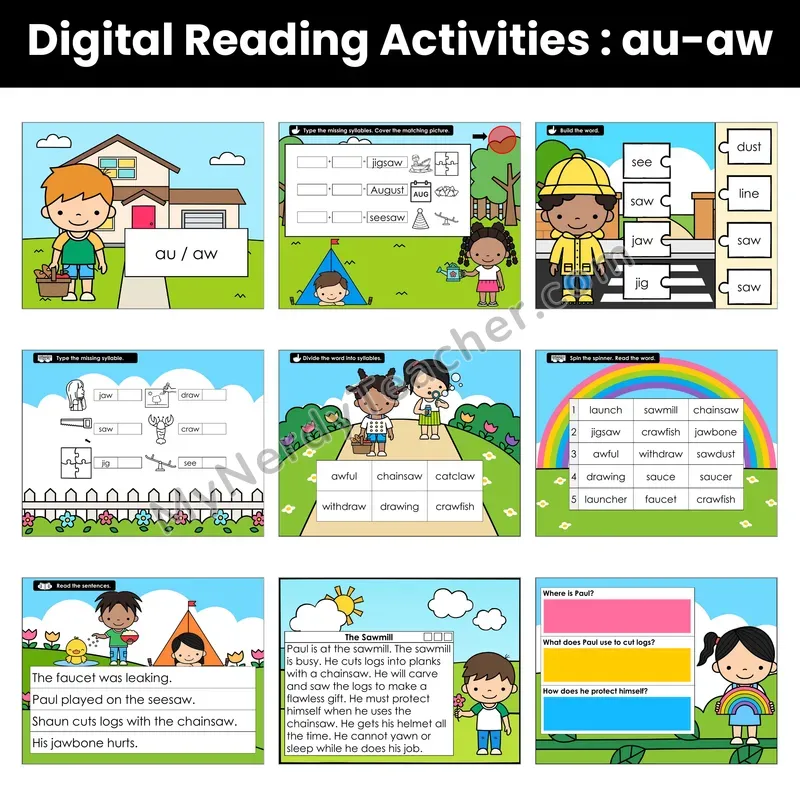 Vowel Teams au, aw Decodable Passage — Google Slides