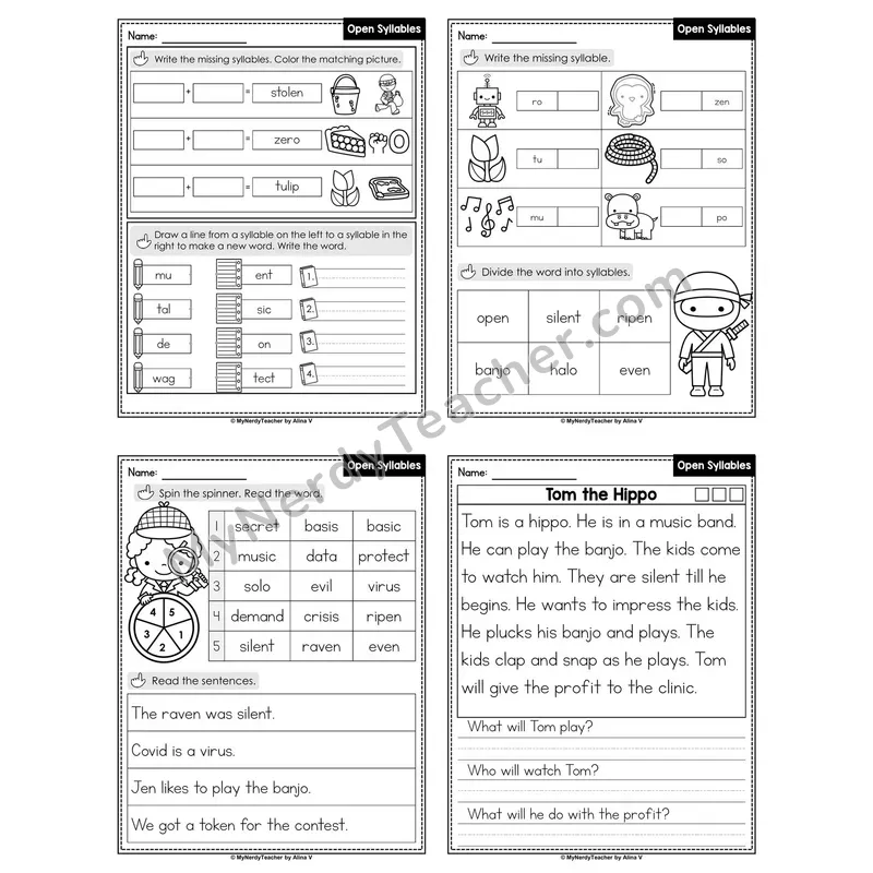 Open Syllables Decodable Passage Worksheet (Set 1 of 4)
