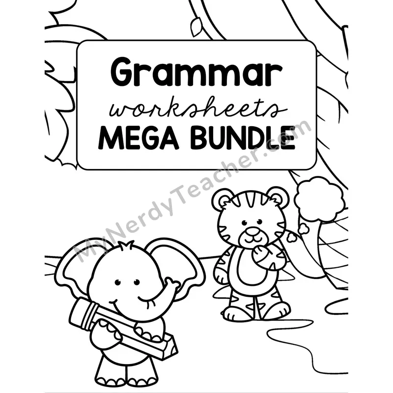Grammar Worksheets Bundle Cover — Black and White Coloring Version