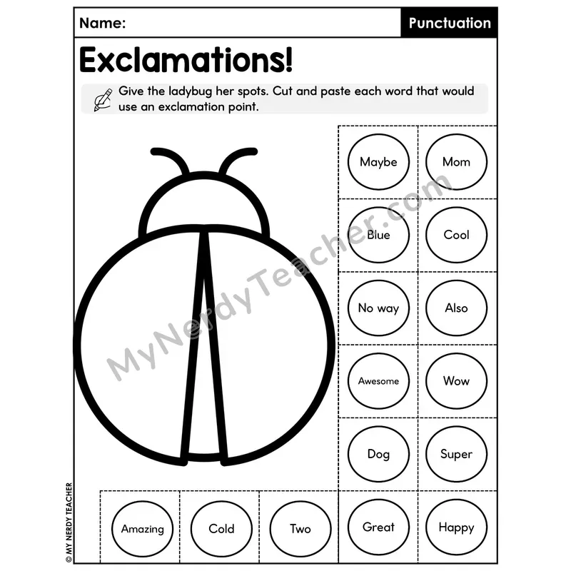 Exclamation Words Cut and Paste Worksheet — Ladybug Punctuation