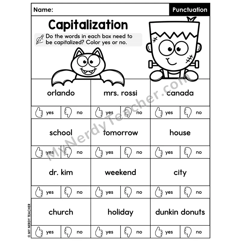 Capitalization Yes or No Worksheet — Cities Names Places