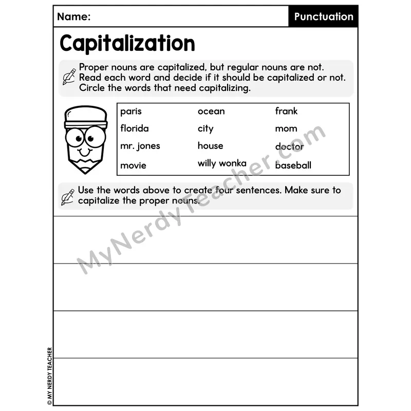 Proper Nouns Circle and Write Sentences Worksheet — Capitalization