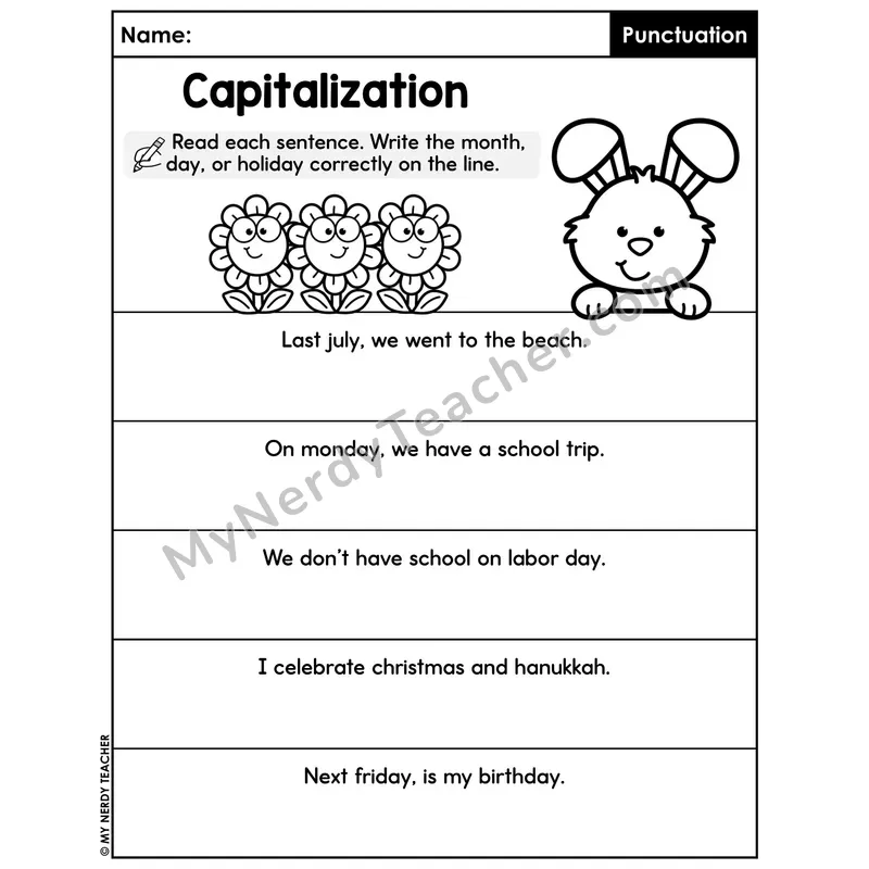 Capitalize Months Days Holidays Worksheet — Fix the Sentences