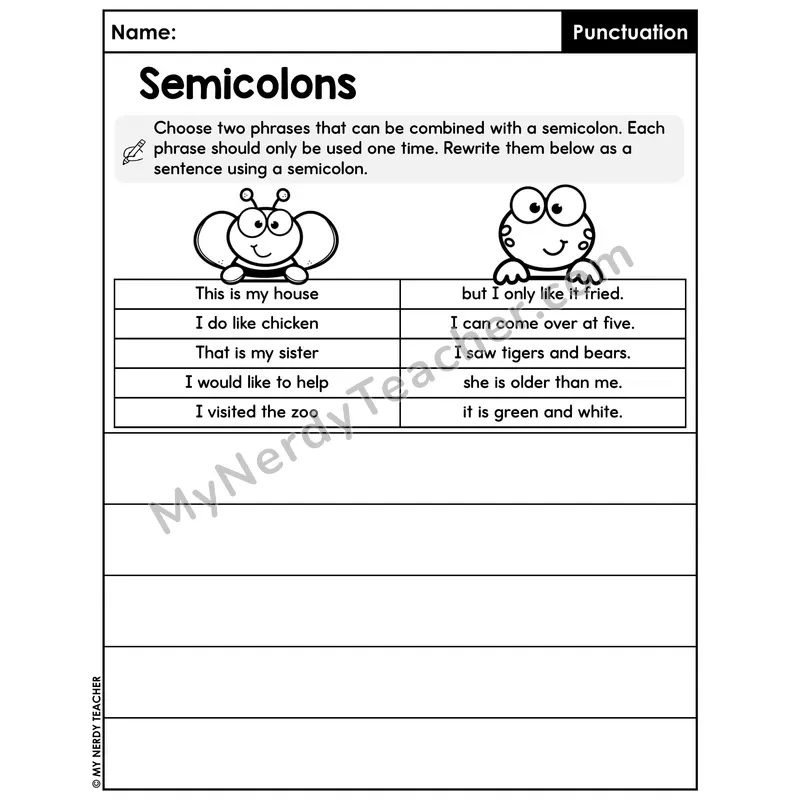 Semicolons Match and Rewrite Worksheet — Combine Phrases