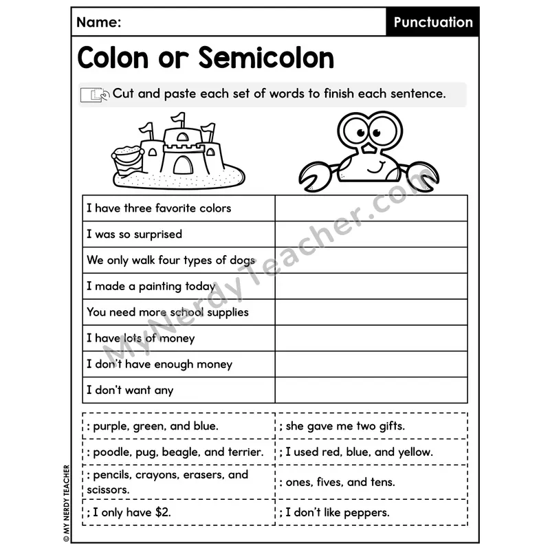 Colon or Semicolon Cut and Paste Worksheet — Complete the Sentences