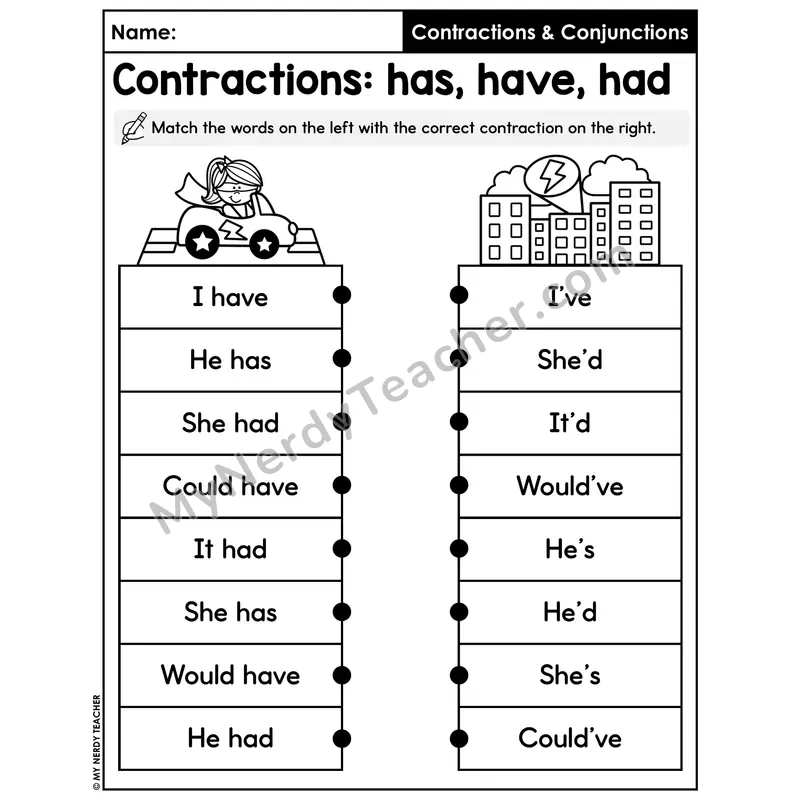 Contractions with Has Have Had Worksheet — Matching Practice