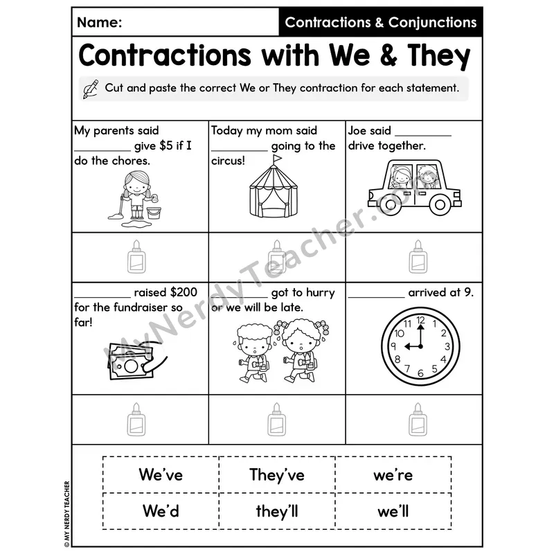Contractions with We and They Cut and Paste Worksheet — Sentence Practice