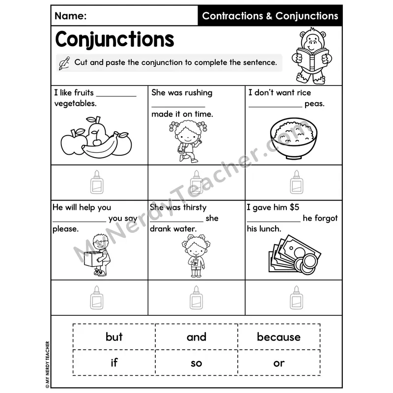 Conjunctions Cut and Paste Worksheet — Complete Sentences